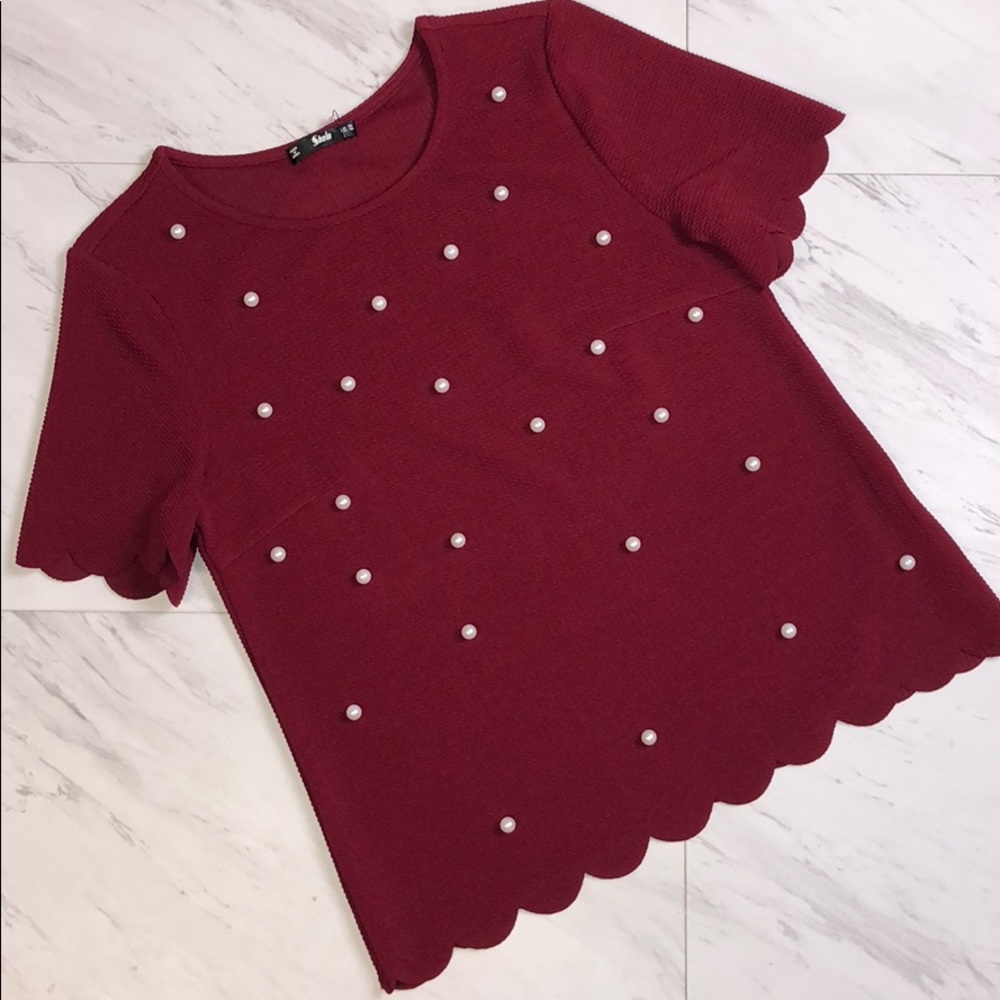 Burgundy Pearl Scallop Top Short Sleeve Tops Shirt